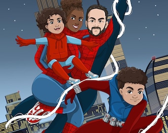 Retrato de caricatura heroica personalizado, ilustración de familia con superpoderes a partir de una foto divertida de caricatura V