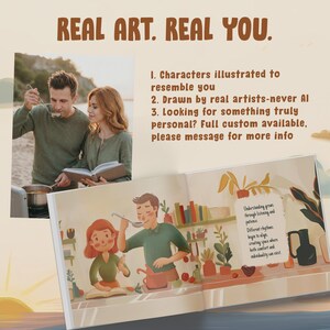 May include: A promotional graphic featuring the text REAL ART. REAL YOU. and a list of three points about custom illustrations. It includes a photograph of a couple cooking and an open book showing a colorful illustration of a couple in a kitchen.