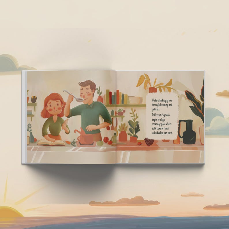 May include: An open illustrated book page featuring a kitchen scene with a person with red hair reading a book and another person tasting from a ladle. The text reads: Understanding grows through listening and patience. Different rhythms begin to align.