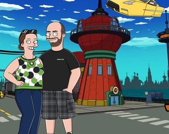 Retrato personalizado de dibujos animados de ciencia ficción, ilustración familiar retro futurista a partir de una foto divertida de dibujos animados S3