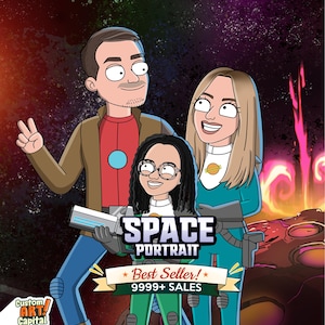 Personligt sci-fi-tecknat porträtt, rymdromantikerillustration från foto Rolig Q2-tecknad film