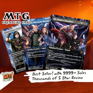 May include: Three custom MTG creature cards featuring illustrations of characters. The cards include text such as "Legendary Creature" and "Menace." The cards are labeled "Hopper, Healer of Hope," "The Arcane Weaver," and "Niv, Shadow Guardians."
