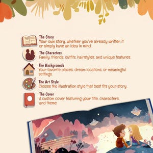 May include: A custom book creation guide featuring icons for The Story, The Characters, The Backgrounds, The Art Style, and The Cover. Below, an open book displays a colorful illustration of two children sitting on a hill under a starry sky.