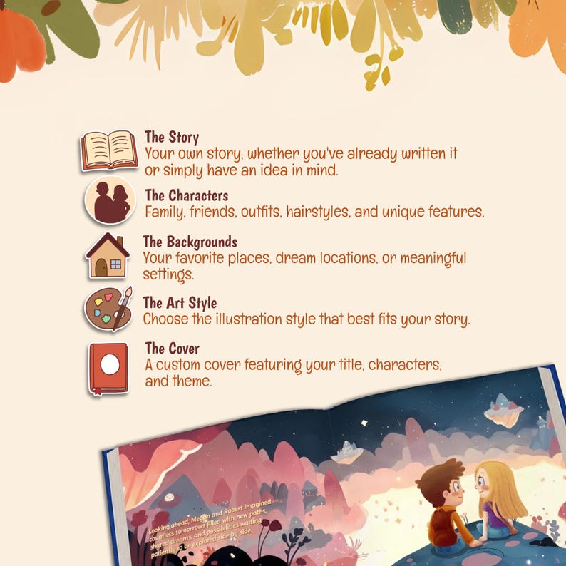 May include: A custom book creation guide featuring icons for The Story, The Characters, The Backgrounds, The Art Style, and The Cover. Below, an open book displays a colorful illustration of two children sitting on a hill under a starry sky.