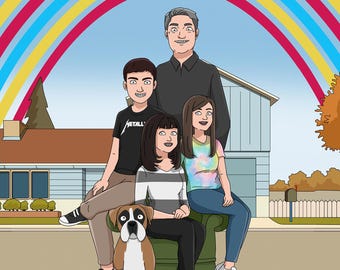 Retrato familiar personalizado de dibujos animados para adultos, ilustración de la vida real a partir de una foto divertida de dibujos animados Q