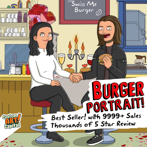 SALE! Bobs Burg Custom Portrait - Burger Gifts - Couple Drawing - Mothers Day Gift For Fathers Funny Cartoon B