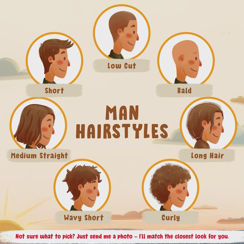 May include: An illustrated chart titled MAN HAIRSTYLES featuring seven circular portraits showing different hair types: Short, Low Cut, Bald, Medium Straight, Long Hair, Wavy Short, and Curly. Text at the bottom reads: Not sure what to pick? Just send me a photo - I'll match the closest look for you.