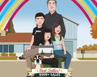 Personalized Adult Family Cartoon Portrait, Real Life Illustration from Photo Funny Q Cartoon