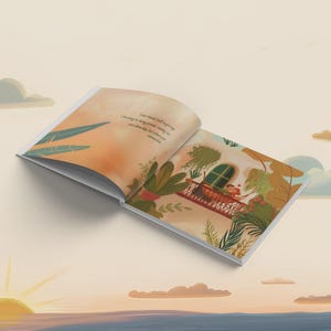 May include: An open illustrated book featuring a soft orange and cream color palette. The left page contains dark text, while the right page depicts a balcony scene with lush green plants, a red railing, and a small figure, all set against a sunset.