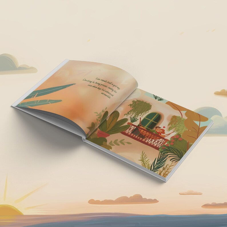 May include: An open illustrated book featuring a soft orange and cream color palette. The left page contains dark text, while the right page depicts a balcony scene with lush green plants, a red railing, and a small figure, all set against a sunset.