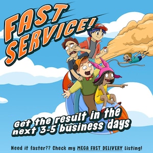 Puede incluir: Ilustraci&oacute;n de dibujos animados de un grupo de personas montando un cohete azul con el texto "FAST SERVICE!" y "Get the result in the next 3-5 business days".