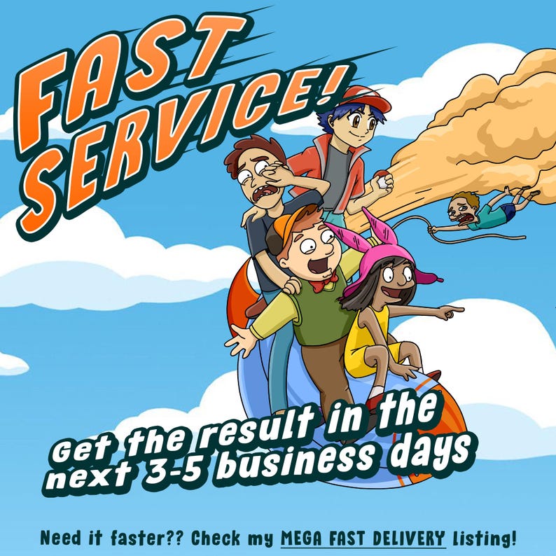 Puede incluir: Ilustraci&oacute;n de dibujos animados de un grupo de personas montando un cohete azul con el texto "FAST SERVICE!" y "Get the result in the next 3-5 business days".
