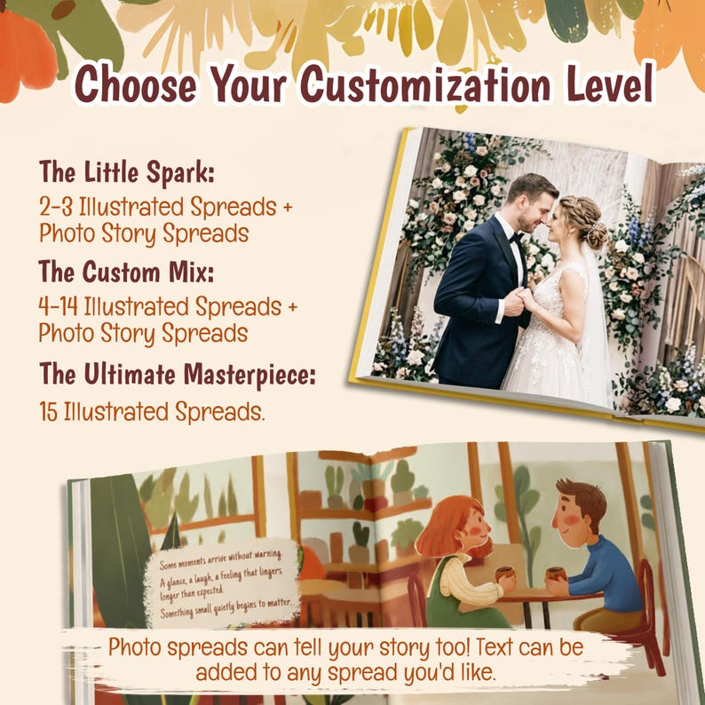 May include: A custom photo book service display featuring the text Choose Your Customization Level, The Little Spark, The Custom Mix, and The Ultimate Masterpiece. It shows an open book with a wedding photo and an illustrated storybook spread.