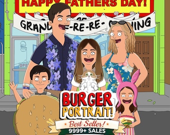 Retrato personalizado del restaurante Bobs, ilustración de pareja de dibujos animados a partir de una foto, tema de San Valentín, dibujos animados divertidos B