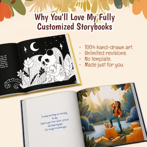 May include: Two open storybooks featuring illustrations and text. One page shows a black and white panda character in a night scene. The other page displays a colorful forest scene with a person standing near tree stumps and written text.