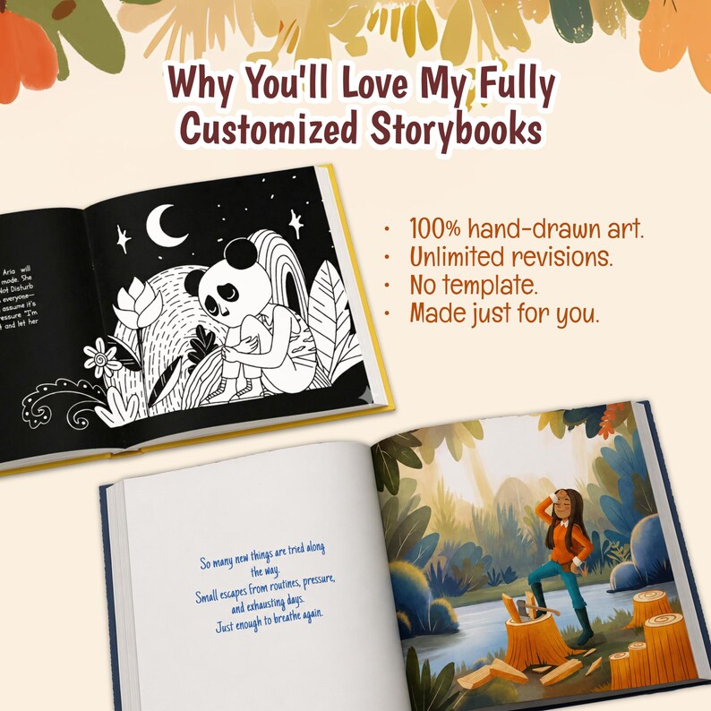May include: Two open storybooks featuring illustrations and text. One page shows a black and white panda character in a night scene. The other page displays a colorful forest scene with a person standing near tree stumps and written text.