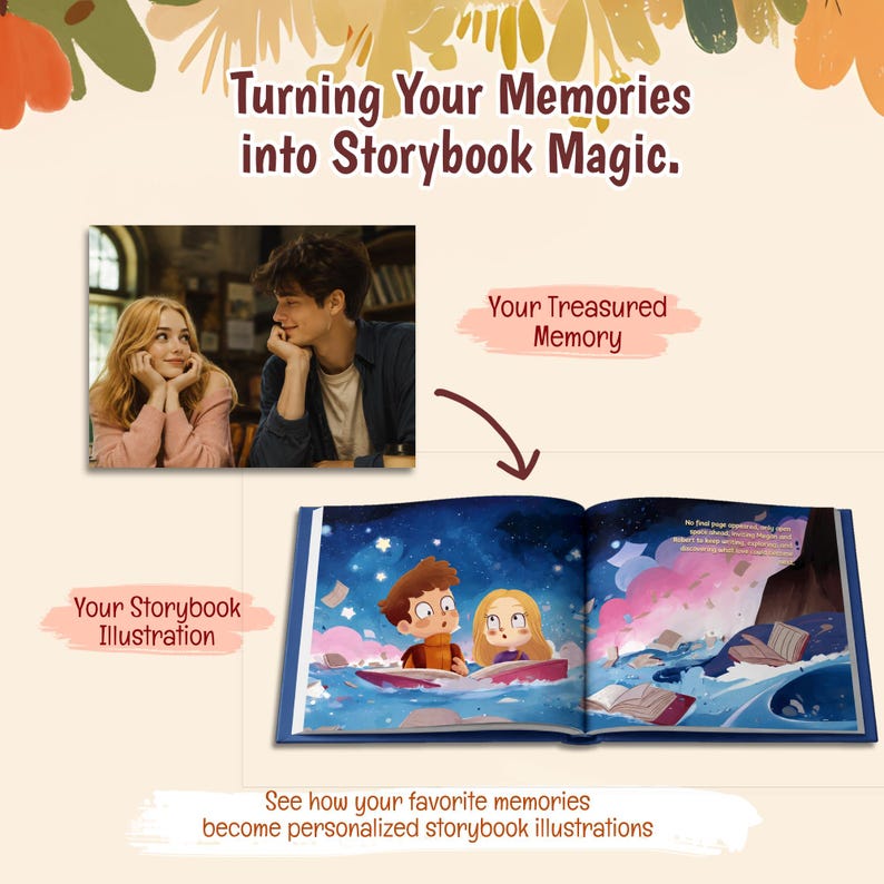 May include: A custom storybook service display featuring a photograph of a couple, the text 'Turning Your Memories into Storybook Magic', 'Your Treasured Memory', 'Your Storybook Illustration', and an open book with a colorful cartoon illustration.