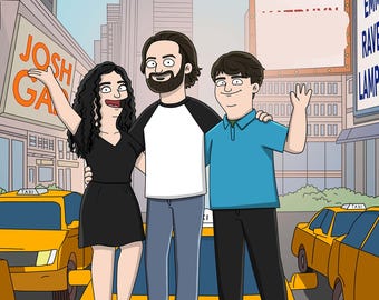 Retrato musical personalizado de dibujos animados, ilustración familiar colorida a partir de una foto divertida de dibujos animados B3