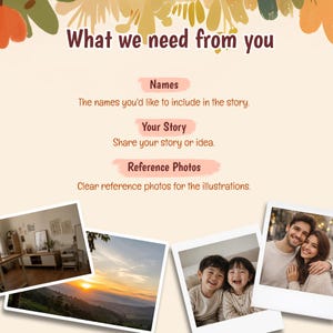 May include: A digital information graphic with a cream background and autumn-colored leaf illustrations at the top. The text reads: What we need from you, Names, The names you'd like to include in the story, Your Story, Share your story or idea, Reference Photos, Clear reference photos for the illustrations. Three polaroid-style photos are displayed at the bottom showing an interior room, a sunset landscape, and a smiling family.
