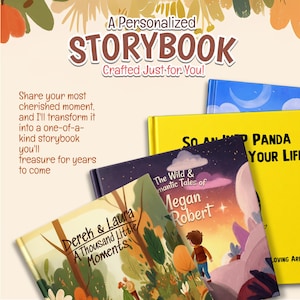 May include: A collection of personalized storybooks with illustrated covers. One cover features a forest scene with the text Derek & Laura A Thousand Little Moments. Another shows a night sky with the text The Wild & Romantic Tales of Megan Robert. A yellow book cover displays the text So An Imp Panda Your Life.