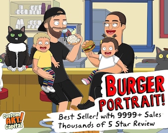 SALE! Bobs Burg Custom Portrait - Burger Gifts - Couple Drawing -  Fathers Day Gift Funny Cartoon B