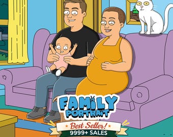 Retrato de dibujos animados para adultos personalizado, ilustración familiar satírica personalizada a partir de una foto divertida de dibujos animados F