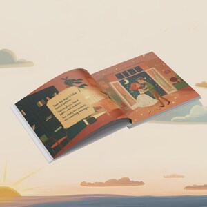 May include: An open illustrated book featuring a scene of two figures dancing in a doorway under a crescent moon. The left page displays a yellow text box with the words: Some days begin to follow familiar patterns. Favorite places, shared habits, small traditions that slowly turn moments into something meaningful.