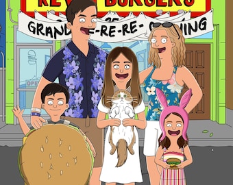 Retrato personalizado del restaurante Bobs, ilustración de pareja de dibujos animados a partir de una foto, tema de San Valentín, dibujos animados divertidos B