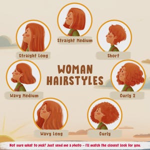 May include: An illustration titled WOMAN HAIRSTYLES displaying six circular portraits of individuals with red hair in various styles: Straight Long, Straight Medium, Short, Wavy Medium, Curly 2, Wavy Long, and Curly. Text at the bottom reads: Not sure what to pick? Just send me a photo - I'll match the closest look for you.
