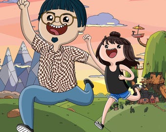 Retrato personalizado de estilo de dibujos animados de aventura a partir de una foto Ilustración de pareja o familia Divertida caricatura