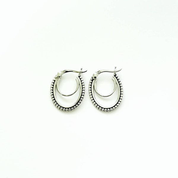 Clearance!! Woman's 925 Sterling Silver Oxidized Beaded Oval Click-top Hoop Earrings Pair