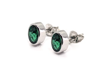 Genuine Emerald (Created) in Sterling Silver Bezel Set Stud Earrings - May Birthstone - Premium Gemstone Earrings