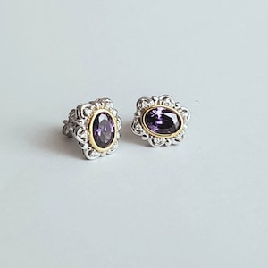 Women&#39;s 14K Gold Plating Over Sterling Silver 5*7 Oval Balinese  Gemstone Stud Earrings