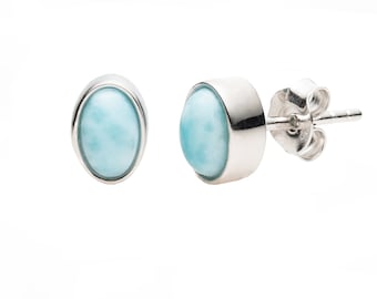 Natual and Genuine Larimar in Sterling Silver Bezel Set Stud Earrings - Premium Gemstone Earrings