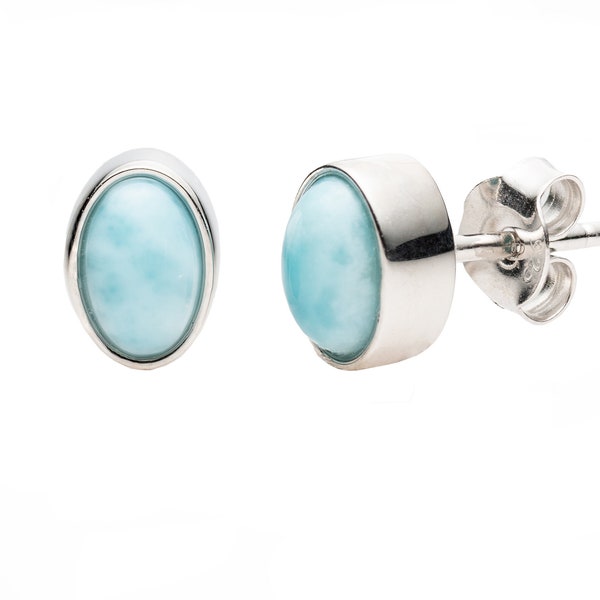 Natual and Genuine Larimar in Sterling Silver Bezel Set Stud Earrings - Premium Gemstone Earrings