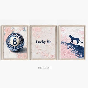 Navy and Cheetah 8 Ball Wall Art Set of 3 Oil Painted Prints Trendy Printable Decor Blue Cheetah Print Retro Aesthetic Dorm Room Art