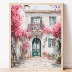 Impression aquarelle de Santorin, art imprimable de la Grèce, art mural côtier, art mural méditerranéen, affiche rose et blanc, téléchargement numérique