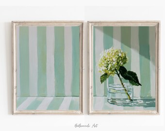 Set of 2 Striped Botanical Wall Art Prints Sage Green Hydrangeas for Vintage Cottagecore Decor Oil Painted Digital Floral Art Download