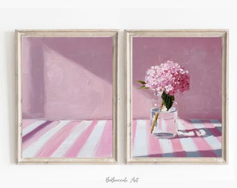 Set of 2 Striped Botanical Wall Art Prints Pink Hydrangeas for Vintage Cottagecore Decor Oil Painted Digital Floral Download