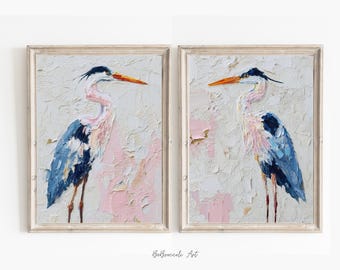 Heron Print Set of 2 Coastal Wall Art Oil Painted Bird Prints Minimalist Decor for Home Nature Inspired Art Pink Wall Art