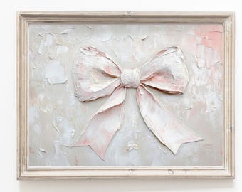 Light Pink Bow Wall Art Horizontal Oil Painted Pink Girly Decor Trendy Nursery Prints Digital Download Decor
