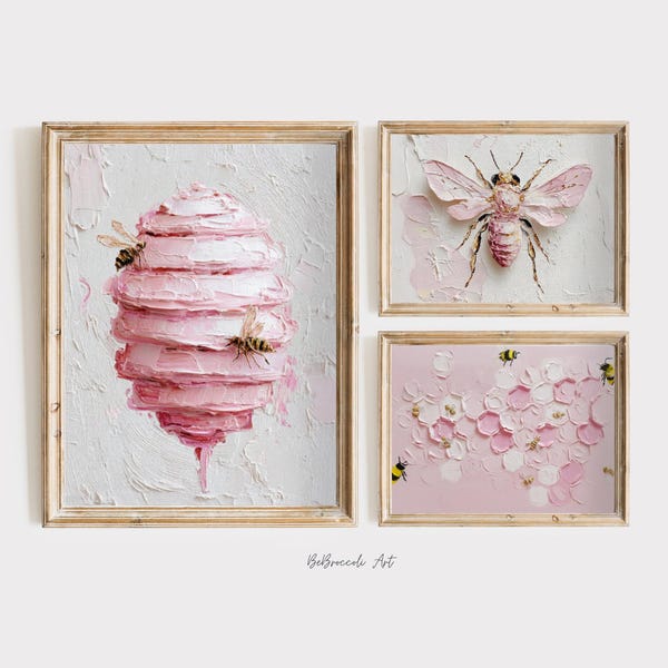 Juego de 3 impresiones de abejorros para pared de guardería, color rosa, para niña, decoración de habitación infantil, arte de guardería para niña, decoración de abejorros, decoración de habitación de niña, pintada al óleo