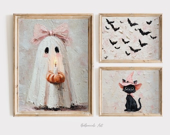 Halloween Posters Set 3 Pink Bow Ghost Wall Art Print Halloween Decor Preppy Trendy Printable Art Coquette Aesthetic Oil Painted Digital Art