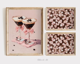 Expresso Martini Print Set of 3 Vintage Cocktail Art Wall Decor for Bars Coquette Bows Espresso Artwork Unique Kitchen Decor