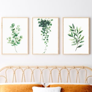 Set van 3 prenten, aquarel afdrukbare kunst, botanische kunstafdruk, decor bloemen, woondecoratie bloemen, groen muur kunst, groen poster, digitale download