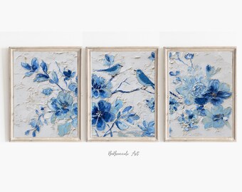 Conjunto de 3 láminas decorativas de pared con estampado floral vintage pintado al óleo en azul toile, descarga digital, estilo chinoiserie, para decoración del hogar.