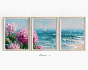 Dorm Wall Art Pink Set of 3 Hydrangeas Oil Painted Floral Prints Aesthetic Decor for Girls Room Printable Wall Art