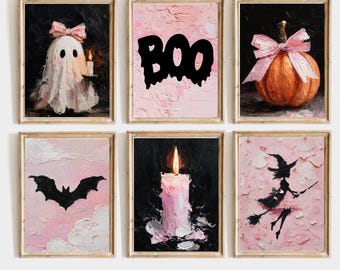 Pink Halloween Wall Art Set of 6 Oil Painted Prints Cute Printable Decor for Kids Spooky Gallery Prints Digital Download Collection