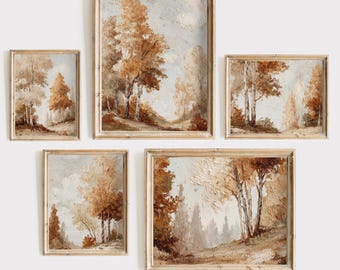 Juego de 5 láminas de paisajes otoñales, arte digital de naturaleza otoñal, decoración de pared rústica, láminas para galería, decoración otoñal imprimible, arte pintado al óleo