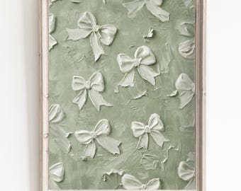 Bow Wall Art Sage Green Oil Painting Decor for Nursery Room Artwork Digital Print Aesthetic Home Decor
